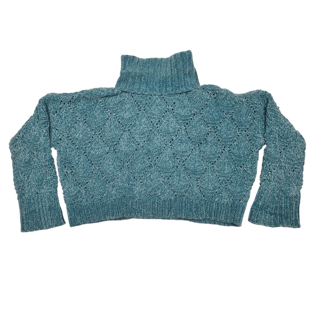 POL Chenille Sweater Womens M Cropped Turtleneck Teal Blue Pointelle SMT420A
